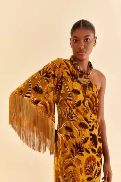 Farm Rio Golden Yellow Velvet One Shoulder Fringe Dress -Colorful Wear Store 312168 03