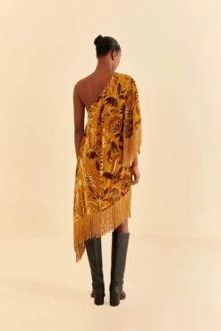 Farm Rio Golden Yellow Velvet One Shoulder Fringe Dress -Colorful Wear Store 312168 04