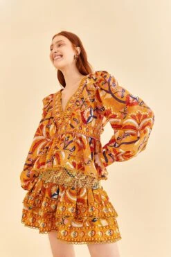 Farm Rio Yellow Palms Party Smocked Mini Skirt -Colorful Wear Store 312548 02