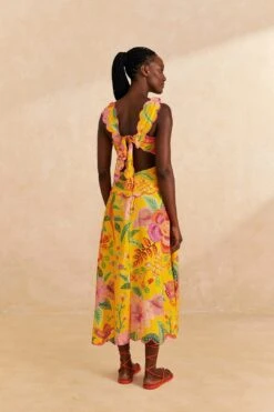 Farm Rio Yellow Macaw Bloom Midi Dress -Colorful Wear Store 313600 04