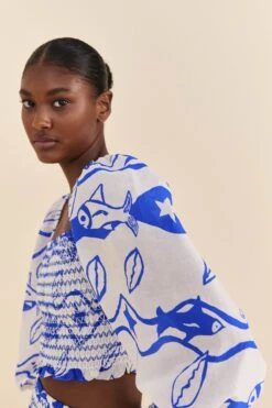 Farm Rio Off-White Pitta Waves Smocked Blouse -Colorful Wear Store 314085 03