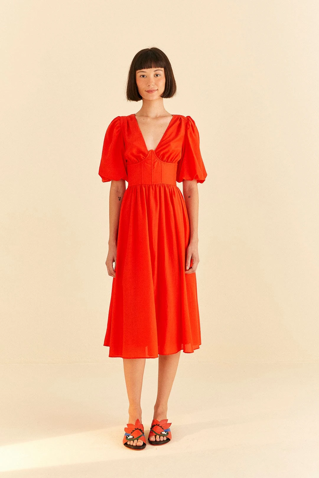 Farm Rio Red Short Sleeves Midi Dress 1 Farm Rio Red Short Sleeves Midi Dress