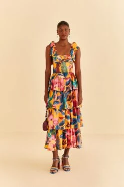 Farm Rio Yellow Painted Flowers Layered Maxi Dress
