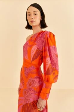 Farm Rio Red Dewdrop Floral One Shoulder Midi Dress -Colorful Wear Store 314754 03