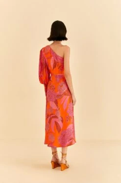 Farm Rio Red Dewdrop Floral One Shoulder Midi Dress -Colorful Wear Store 314754 04