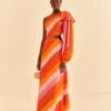 Farm Rio Party Stripes Multicolor One Shoulder Maxi Dress