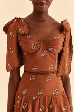 Farm Rio Caramel Embroidered Horses Crop Top -Colorful Wear Store 315964 03