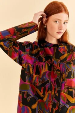Farm Rio Black Wild Horses Maxi Shirt -Colorful Wear Store 315994 03
