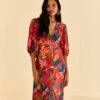 Farm Rio Red Rooster Leaves Short Sleeve Maxi Dress