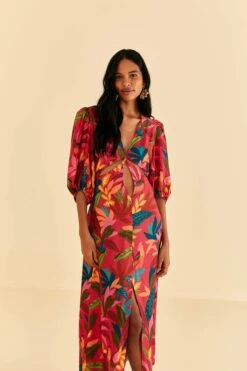 Farm Rio Red Rooster Leaves Short Sleeve Maxi Dress