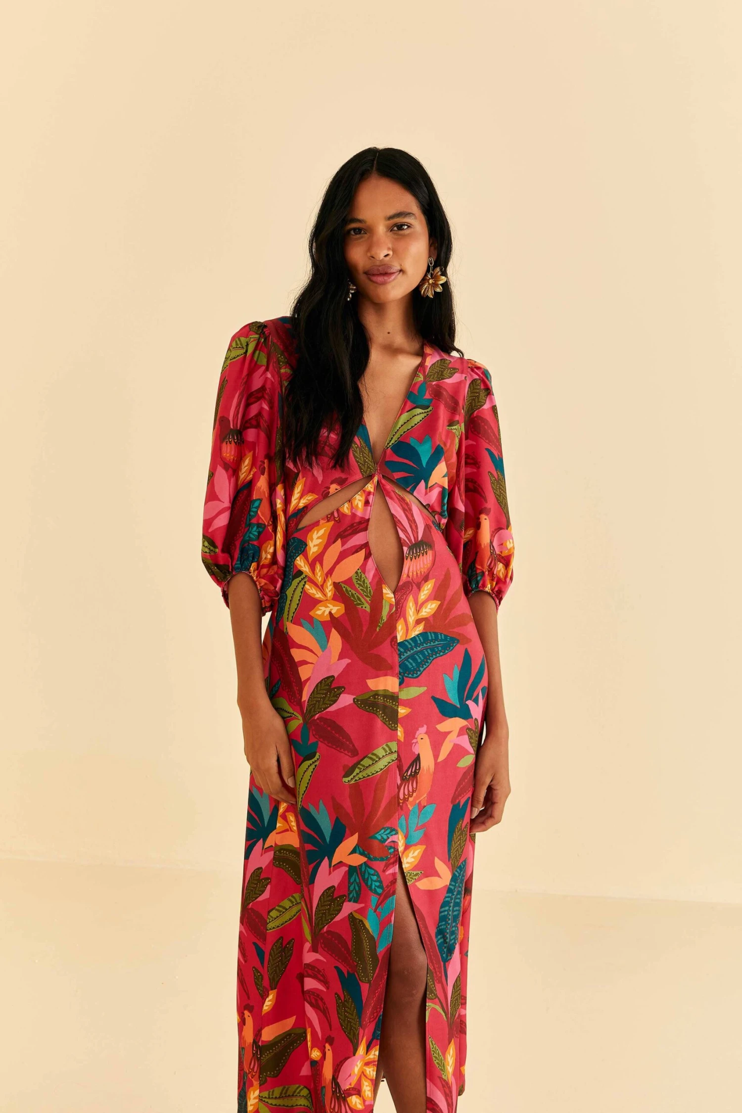 Farm Rio Red Rooster Leaves Short Sleeve Maxi Dress 1 Farm Rio Red Rooster Leaves Short Sleeve Maxi Dress