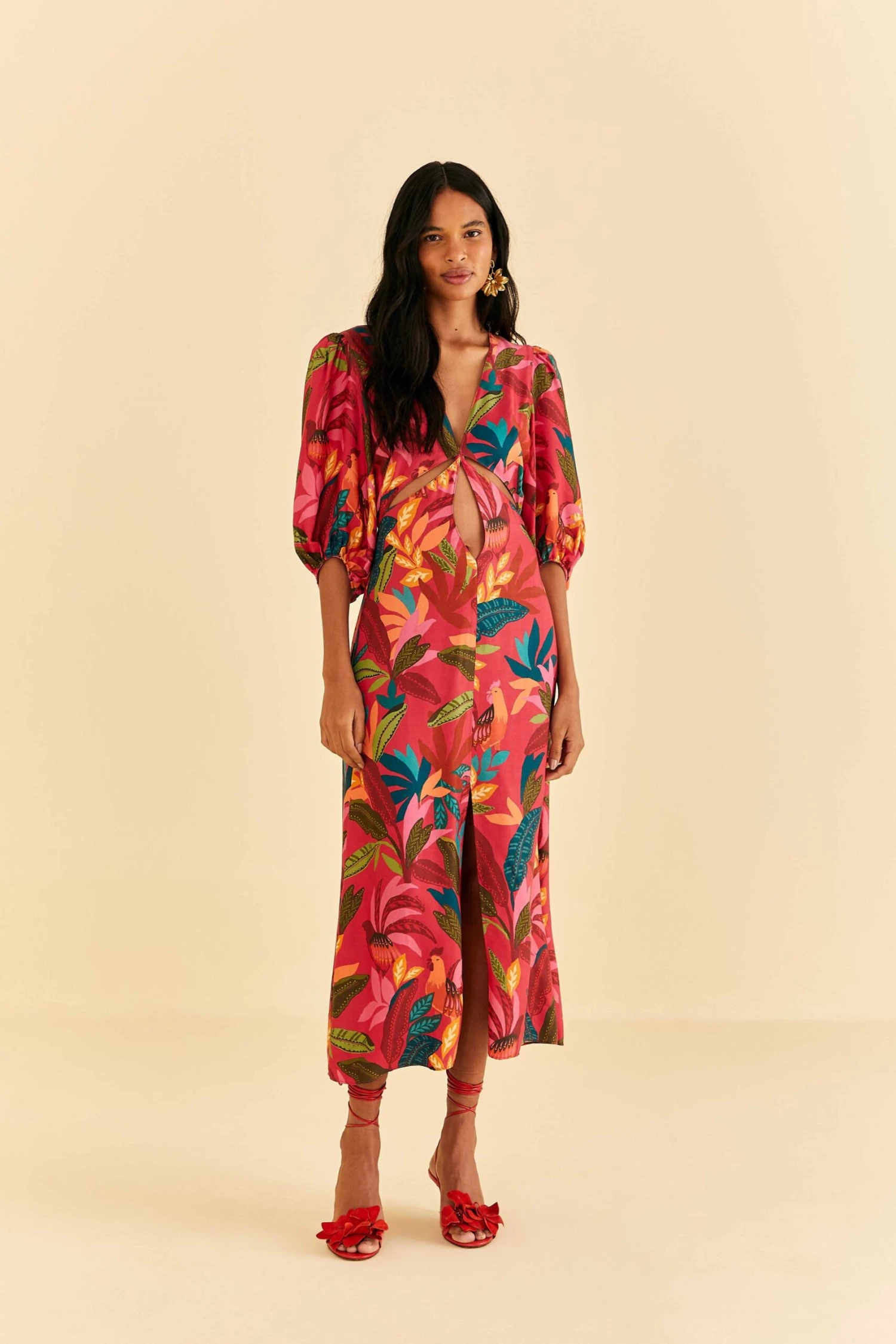 Farm Rio Red Rooster Leaves Short Sleeve Maxi Dress 2 Farm Rio Red Rooster Leaves Short Sleeve Maxi Dress - Image 2