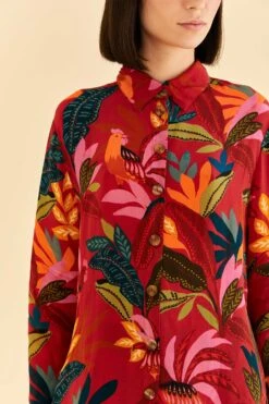 Farm Rio Red Rooster Leaves Long Sleeve Shirt -Colorful Wear Store 316428 03