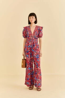 Farm Rio Blush Floral Birds Jumpsuit